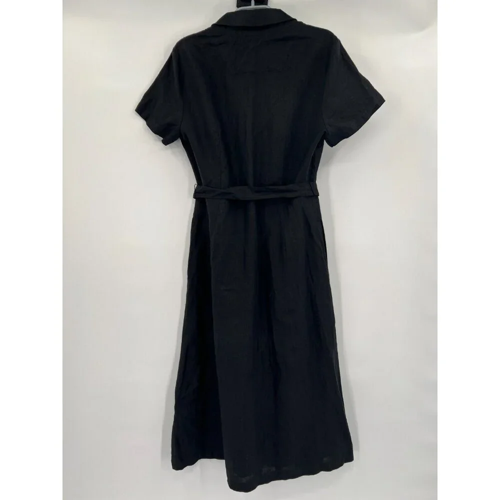 Quince Women's Black Linen Button Front Dress sz M Midi A-Line Belt Short Sleeve - Picture 9 of 9